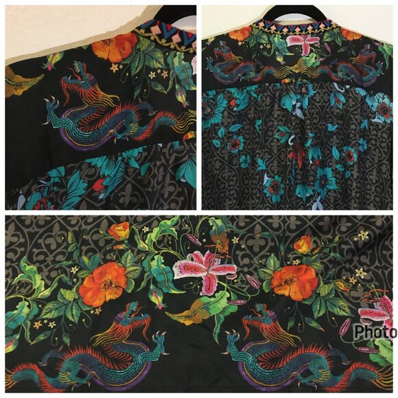 Johnny Was Kennedy Silk Embroidered Tunic Top Blouse Dragons Floral Artsy (IB) - Picture 3 of 16